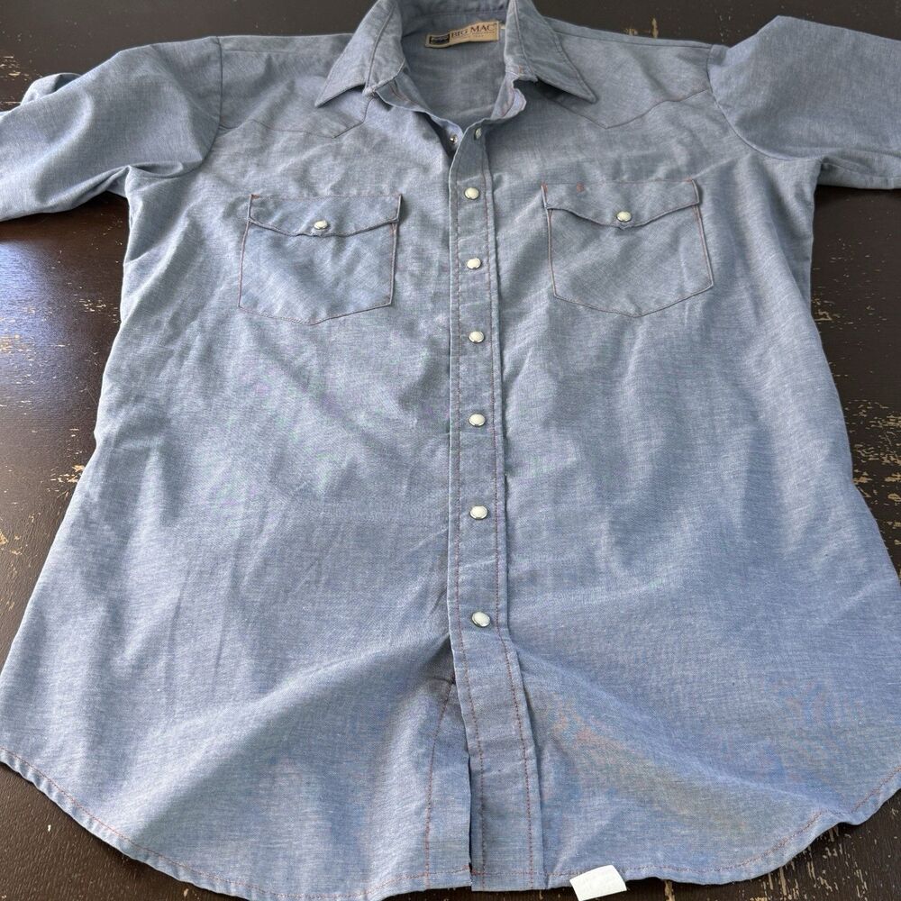 Vintge Big Mac Work Shirt Blue LXT X-Tall 16-16 1/2 Neck Cotton Blend Pearl Snap